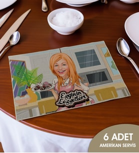 BK Gift Kişiye Özel Karikatürlü 6’li Keten Amerikan Servis Seti-2, Ev Hediyesi,Baskılı Servis Bezi, Mutfak Dekoru