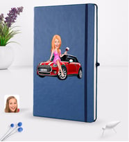 BK Gift Kişiye Özel Plakalı Kadın Mini Cooper Karikatürlü Lacivert Termo Deri Defter 16x24cm Model 1