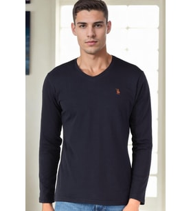 T9587 DEWBERRY V YAKA ERKEK UZUN KOL T-SHIRT-LACİVERT