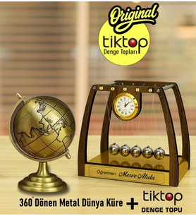 Kişiye Özel 2' li SET AHŞAP Newton Denge Topu & Premium 360 derece dönen Metal Dünya küresi Ofis Hediye Seti