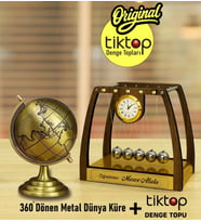 Kişiye Özel 2' li SET AHŞAP Newton Denge Topu & Premium 360 derece dönen Metal Dünya küresi Ofis Hediye Seti
