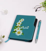 BK Gift Kişiye Özel Papatya Temalı Turkuaz Termo Deri Defter Kalem Seti-8
