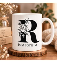 Kişiye Özel Baş Harf ve İsim Yazılı Gül Motifli R Harfli Seramik Kupa Bardak