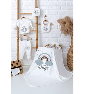 Pia Baby Premium %100 Pamuk İsim Baskılı Battaniyeli Zıbın Set Yenidoğan Kız Bebek Hediyelik 5027-04 (Ekru)