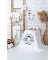 Pia Baby Premium %100 Pamuk İsim Baskılı Battaniyeli Zıbın Set Yenidoğan Kız Bebek Hediyelik 5027-04 (Ekru)