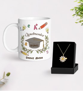 BK Gift Kişiye Özel Öğretmenler Günü Beyaz Kupa ve İsimli Papatya Kolye Hediye Seti- 16, Öğretmene Hediye, Öğretmenler Günü