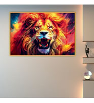 Metal Çerçeveli Yatay Cam Sarı Kırmızı Kükreyen Aslan (Gold)