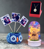 Renkli Işıklı Fanus, 3 Fotoğraflı Baykuş ve Tasarım Kolye Seti (Model 4)