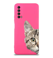 Huawei P Smart 2021 Uyumlu Lansman Kılıf Catface Tasarımlı İçi Kadife Kapak-Neon Pembe (Şeffaf)
