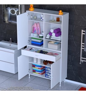 Modilayn AFRA 100x173x32,5 cm 1 Çekmece 3 Kapak 5 Raf 8 Bölme Çok Amaçlı Banyo & Mutfak Dolabı (B.Beyaz)