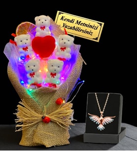 Premium Set - Size Özel İsimli Led Işıklı Buket ve Renkli Zümrüdü Anka Kuşu Kolyesi (Model 2)
