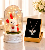 LED Işıklı Ayıcıklı Fanus ve Renkli Zümrüdü Anka Kuşu Kolye Kadına Hediye