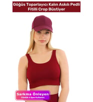 Özel Üretim Göğüs Toparlayıcı Sarkma Önleyen Spor Günlük Kalın Askılı Pedli Fitilli Crop Büstiyer (Bordo)