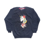 Kız Çocuk Lacivert Çiçekli Unicorn Baskılı Tek Üst Sweat