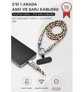 Torima Hızlı Şarj Kablosu Telefon Askısı Type-C to Lightning 27W Örgü Data Kablo U32 Renkli