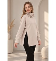 Palena PLNL4283 Balıkçı Yaka Yan Fermuarlı Sweatshirt - Bej