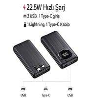 5in1 10000mAh 22,5w Hızlı Şarj 2USB Lighting&Type-C Kablolu Taşınabilir Şarj Powerbank (Siyah)