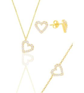 Gümüş altın yaldızlı zirkon taşlı kalp kolye,bileklik ve küpe üçlü set SGTL11885GOLD (Rose)