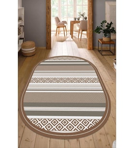 Dijital Baskılı Kaymaz Taban Yıkanabilir Oval Salon Halısı Mutfak Halısı Yolluk NDO-HT-1391 (Kahverengi)
