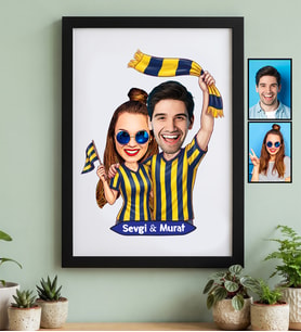 Kişiye Özel Karikatürlü Sarı Lacivert Taraftar Sevgiliye Hediye Siyah Çerçeve Sevgililer Günü Hediyesi