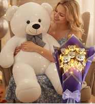 90 Cm Peluş Ayı ve LED Işıklı Mor Peluş Ayıcık Buketi Seti Sevgiliye Hediye Hediye Doğum Günü Özel Gün Seti (Beyaz)