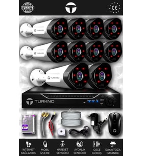 TURKNO 10 Kameralı Galia 10 Dış Kamera Set HDD'siz Full HD Gece Görüşlü Güvenlik Kamerası Sistemi