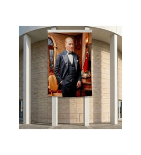 Mustafa Kemal Atatürk Takım Elbiseli Poster Bayrak Premium Raşel Kumaş ATA47 2x3m