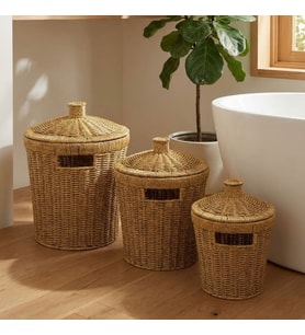 3’lü İç İçe Geçebilen Büyük Plastik Rattan Hasır Sepet Seti-Dayanıklı Çok Amaçlı Ev,Banyo ve Mutfak Düzenleyici (5343)