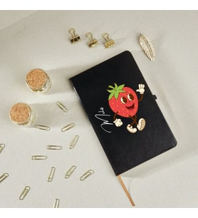 Kişiye Özel Çilek Karakterli Eğlenceli Tasarım Deri Kapak Defter (Siyah)