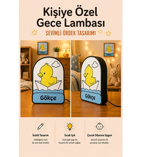 Kişiye Özel İsimli Kağıt Kayıkta Sevimli Ördek Gece Lambası Sıcak Işıklı Çocuk Odası Dekoru