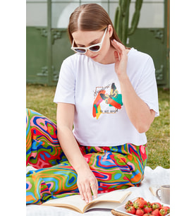 Oversize Baskılı Crop Tişört - Beyaz