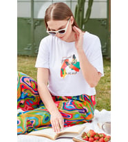 Oversize Baskılı Crop Tişört - Beyaz