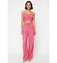 Kadın Büyük Beden İnce Askılı Kalp Yaka Büzgülü Crop Top Uzun Pantolon Plaj Takımı Günlük Rahat