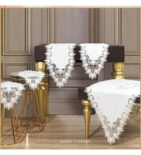 Salon Takımı 5 Parça Dantelli Keten Masa Örtüsü Runner Seti Çeyizlik Samina Model No 85693 Krem
