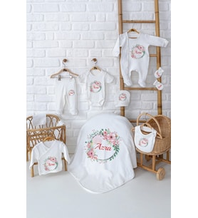 Pia Baby Premium %100 Pamuk 10 Parça İsimli Kız Bebek Hastane Çıkışı Yeni Doğan Hediyelik Set 5013-01 (Krem)