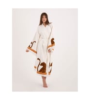 Müslin Kimono %100 Pamuklu Leopar Baskılı Desenli Bornoz Kaftan Sabahlık (Ekru)