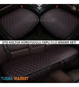 Oto Koltuk Koruyucu Cepli Üçlü Minder Seti / Lüks Siyah Deri & Kırmızı Nakışlı / Tüm Araçlar