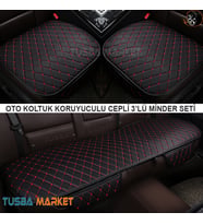 Oto Koltuk Koruyucu Cepli Üçlü Minder Seti / Lüks Siyah Deri & Kırmızı Nakışlı / Tüm Araçlar