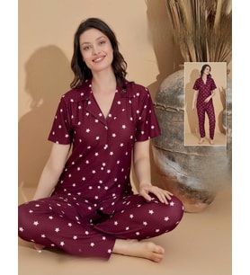 Boyraz Kadın Milan Boydan Düğmeli Kısa Kol İnce Pijama Takımı 11035 - 1 Adet (Bordo)