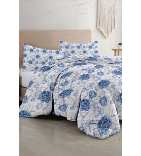 Çift Kişilik Nevresim Takımı Özel Dokuma Pamuk Saten Tuval Koleksiyonu Shadow Flowers Blue