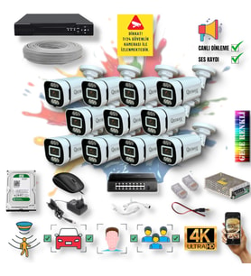 11 Kameralı IP Set - Yapay Zeka Özellikli Gece Renkli Gösteren Sesli 6 Warm Ledli 4K FULLHD IP Güvenlik Kamerası Seti 4386WS