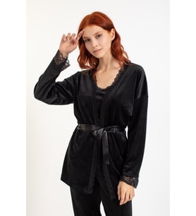 Kadın 13402-1 Dantelli Sabahlık Kadife Pijama Takım