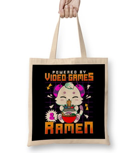 Powered By Video Games & Ramen Anime Cat Gamer Bez Çanta Uzun Saplı