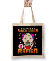 Powered By Video Games & Ramen Anime Cat Gamer Bez Çanta Uzun Saplı