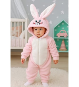 Kız Çocuk Welsoft Peluş Pembe Tavşan Kulaklı Kostüm Kışlık Tulum Uyku Tulumu