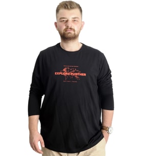 Mode XL Büyük Beden Erkek T-Shirt U.Kol Explore Further 23098 Siyah