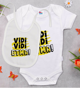 BK Kids Vidi Vidi Etma Tasarımlı Beyaz Bebek Body Zıbın ve Mama Önlüğü Hediye Seti-1