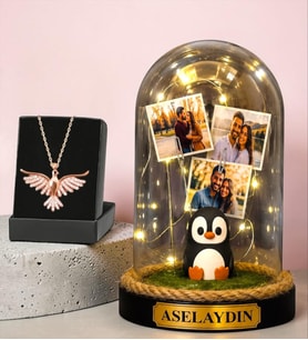 Kişiye Özel Led Işıklı Penguen Biblolu Fanus & Anka Kuşu Kolye Hediye Seti