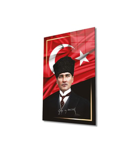 Atatürk Portre ve Türk Bayrağı Cam Tablo Modern Ev Ofis Salon Hediyelik Büyük Tablo Duvar Dekoru (Çok Renkli)