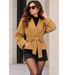 Kadın camel süet dokulu V yaka çift düğmeli tokalı kuşaklı oversize ceket DPK020